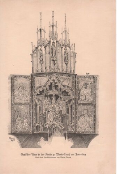 1927 - Gotischer Altar in der Kirche zu Maria-Laach am Jauerling - Nach einer Bleistiftzeichnung von Marie Grengg , alter Druck